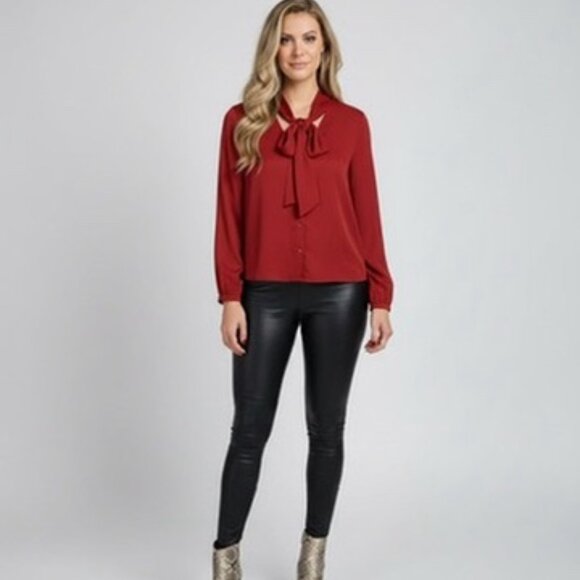 Joie 100% Silk Button Down Red Blouse with Bow Tie (Medium) - Picture 4 of 12